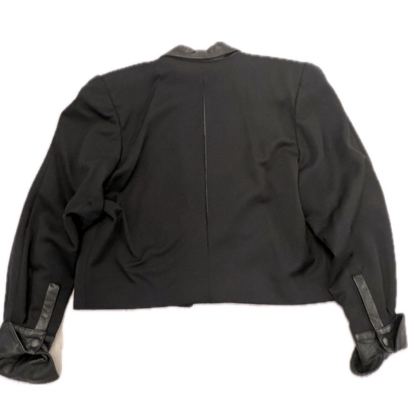Vintage Leanto 80s Crop Blazer Tuxedo Jacket Black with Leather Detail size 5/6 - Picture 3 of 15